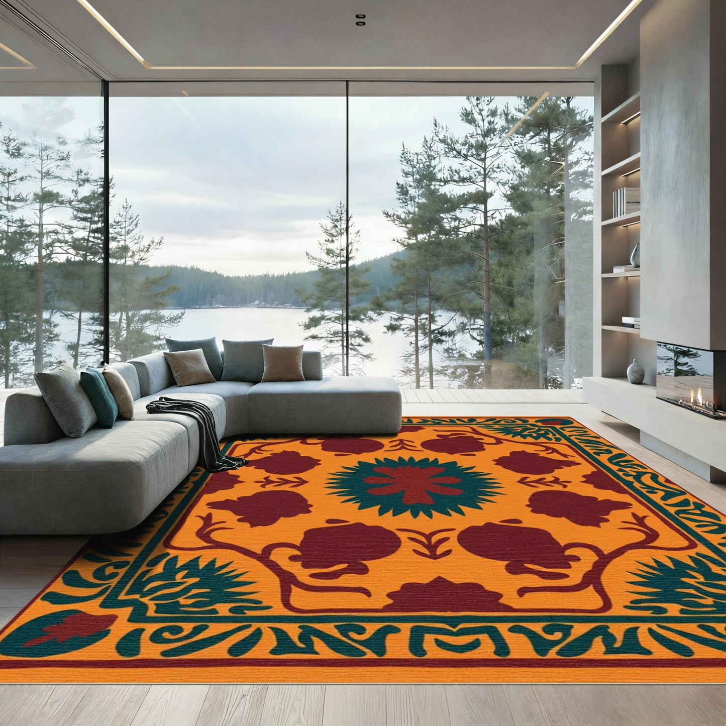 Orange Emerald Floral Fruit Medallion Rug