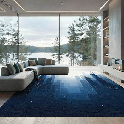 Dark Blue Cityscape Pixelated Skyline Rug