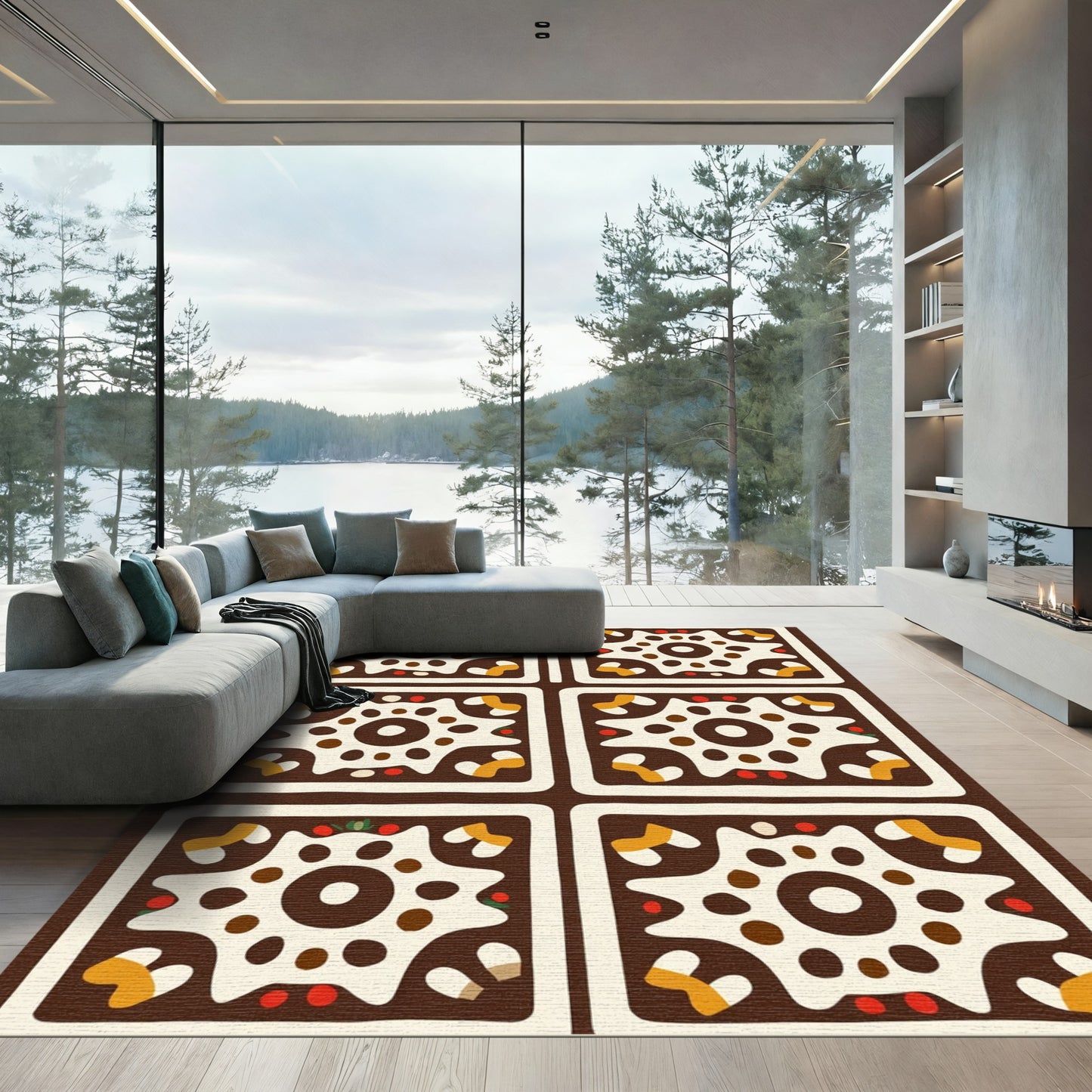Brown White Orange Starburst Square Repeating Rug