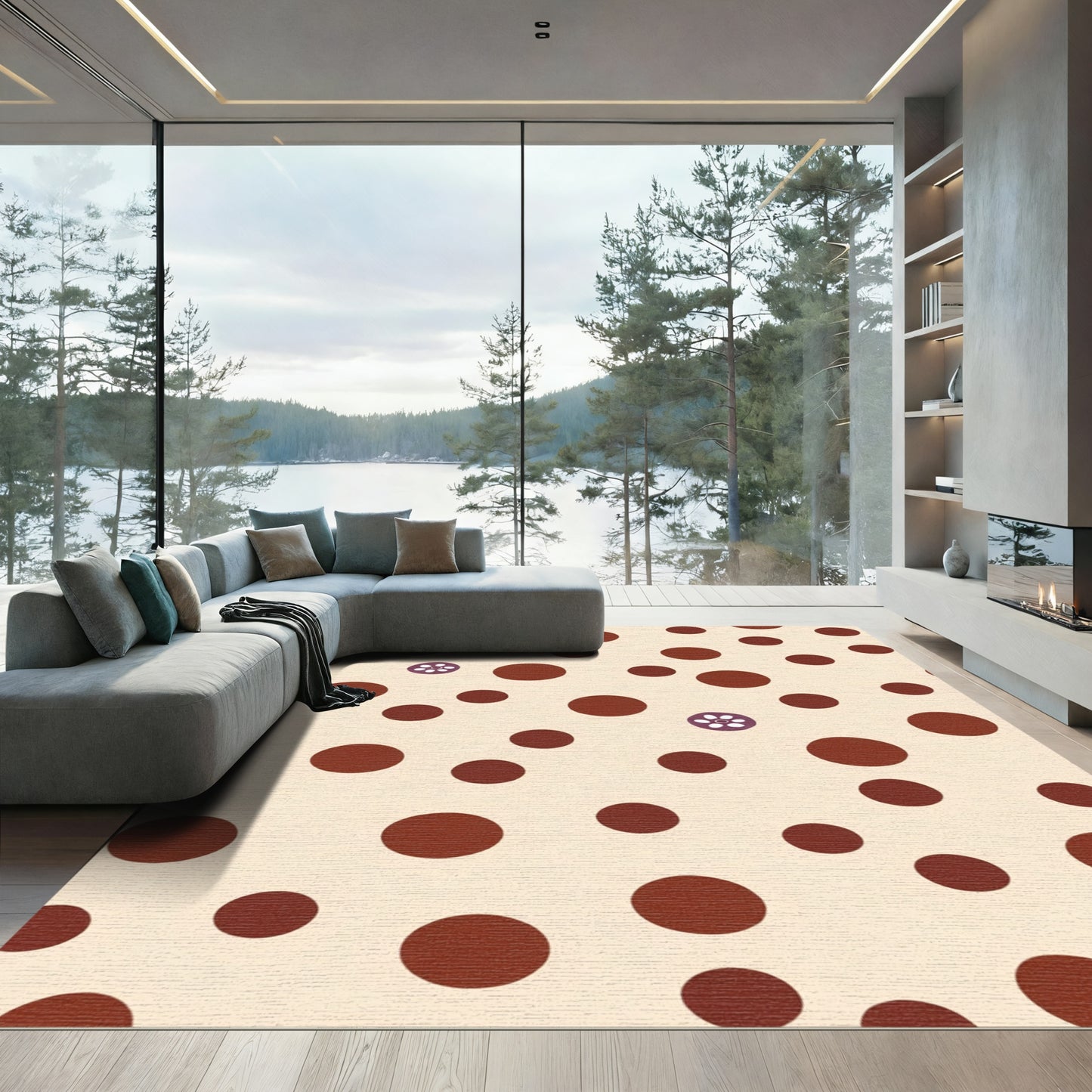 Cream Brown Polka Dot Floral Accent Rug
