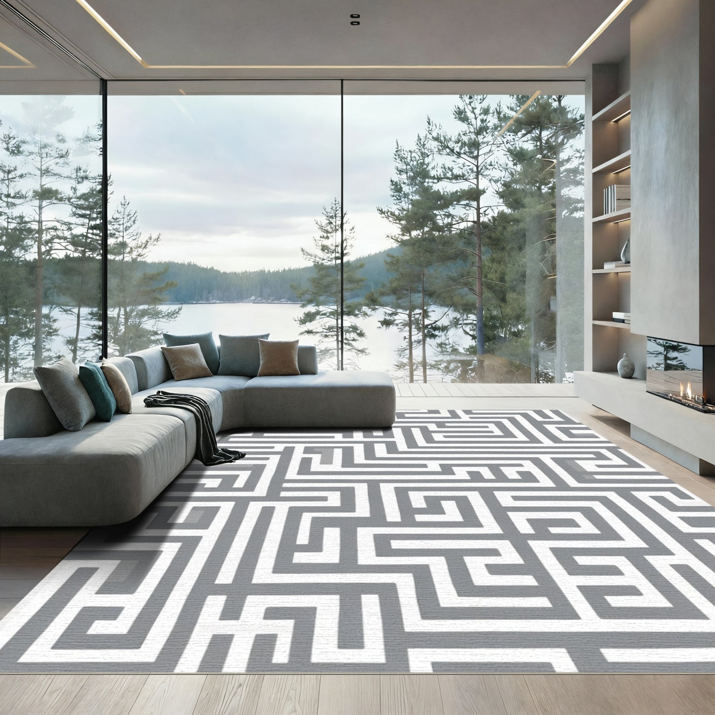 Gray White Maze Graphic Rug