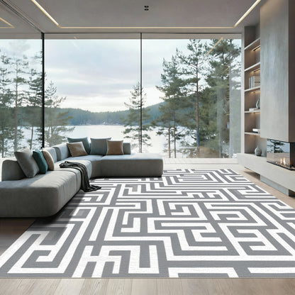 Gray White Maze Graphic Rug