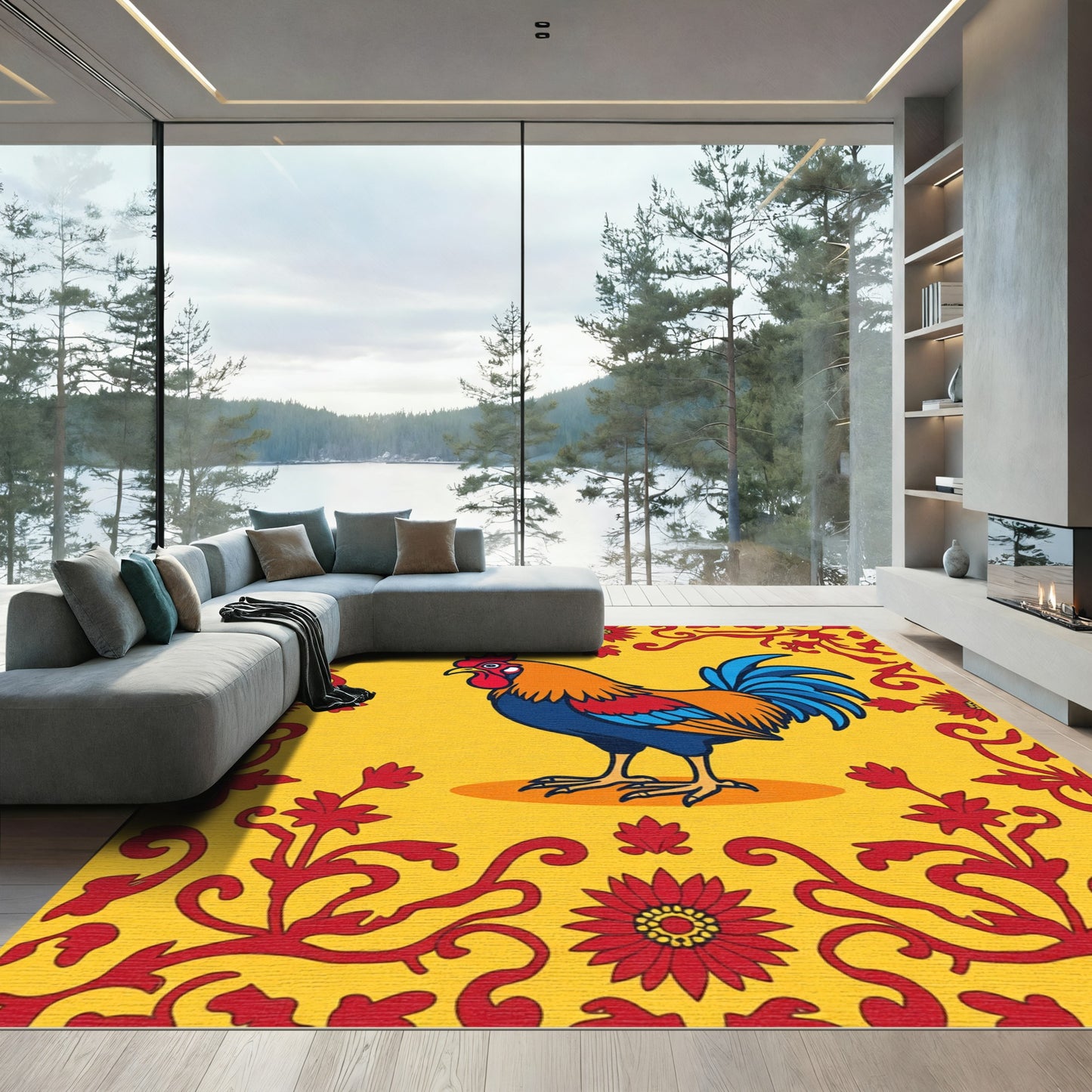 Vibrant Rooster Floral Border Rug