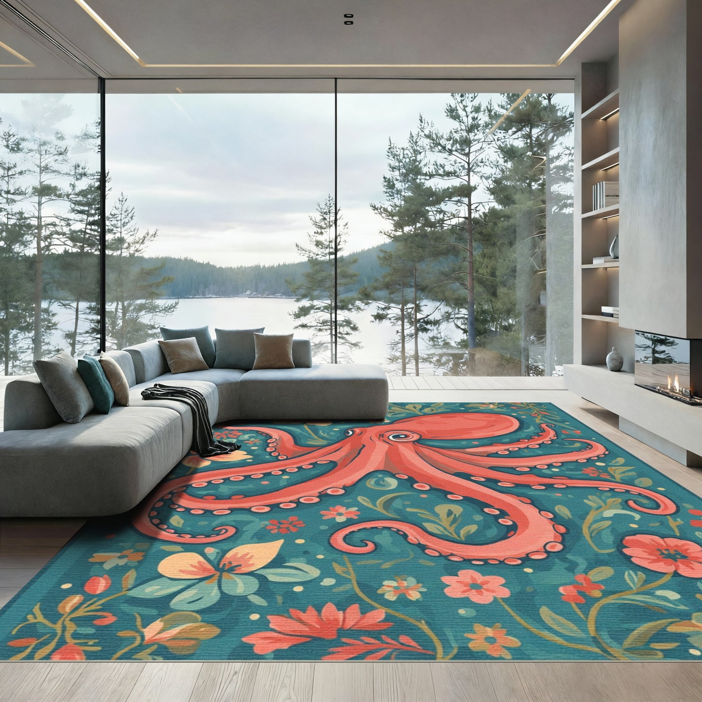 Coral Octopus Floral Garden Rug
