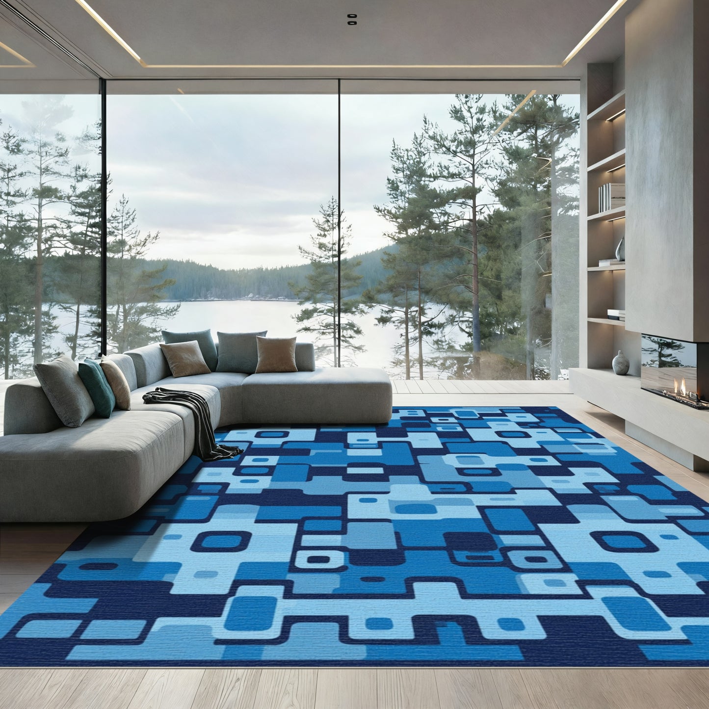 Deep Blue Abstract Geometric Block Rug