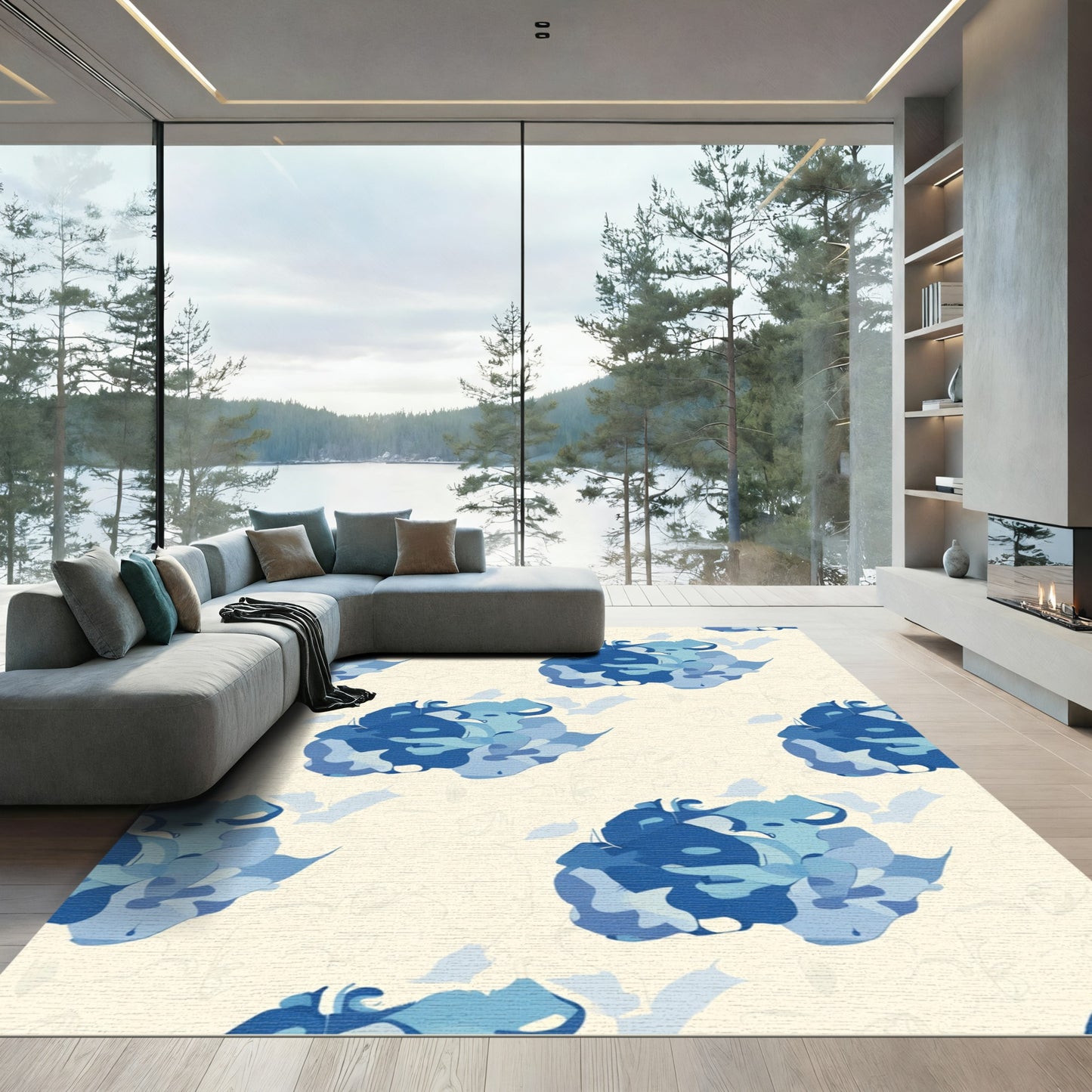 Deep Blue Abstract Floral Blooms Rug