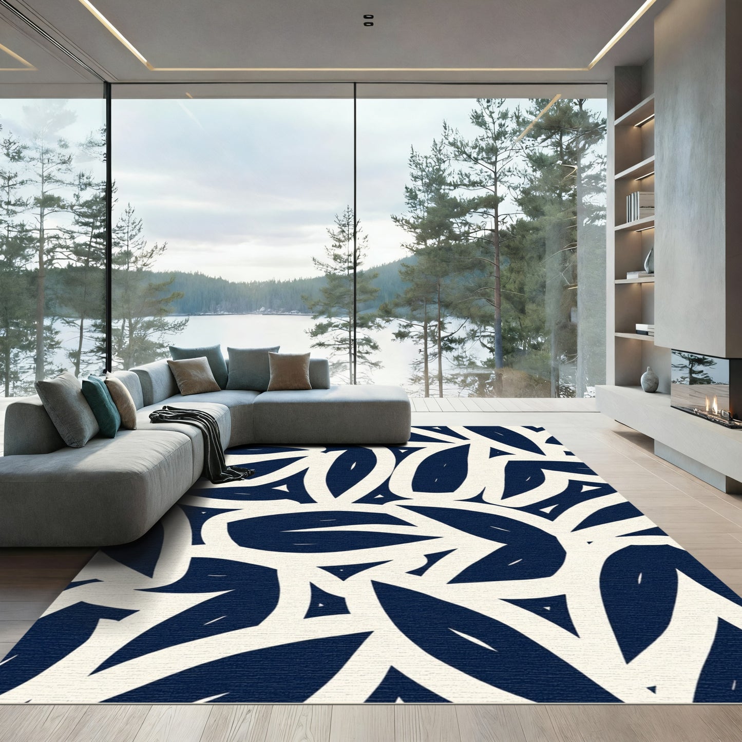 Navy Abstract Petal Flow Rug