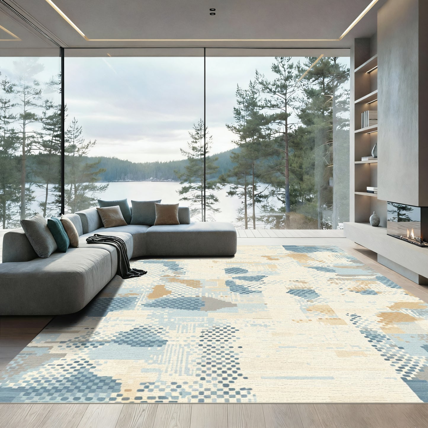 Earthy Blue Pixelated Organic Collage Rug