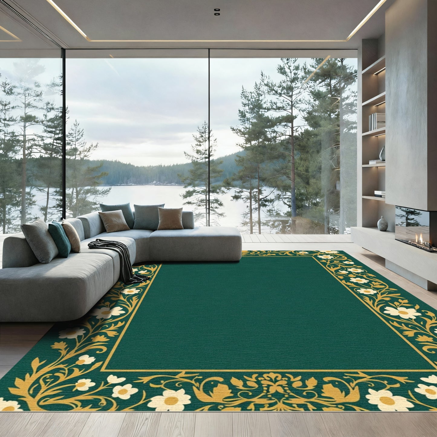 Emerald Golden Floral Scroll Border Rug