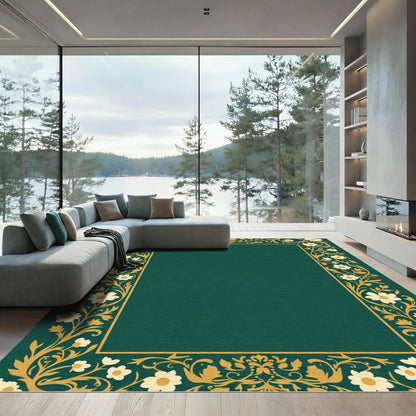 Emerald Golden Floral Scroll Border Rug
