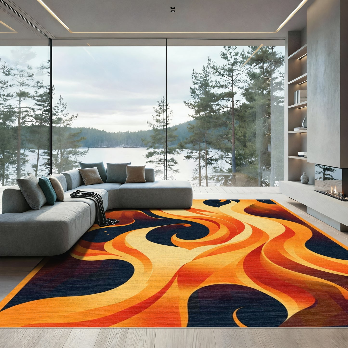 Fiery Orange Swirl Abstract Rug