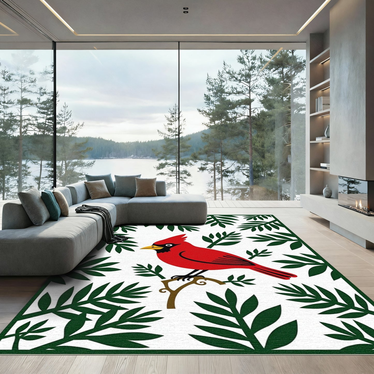 Vibrant Red Cardinal Branch Foliage Rug