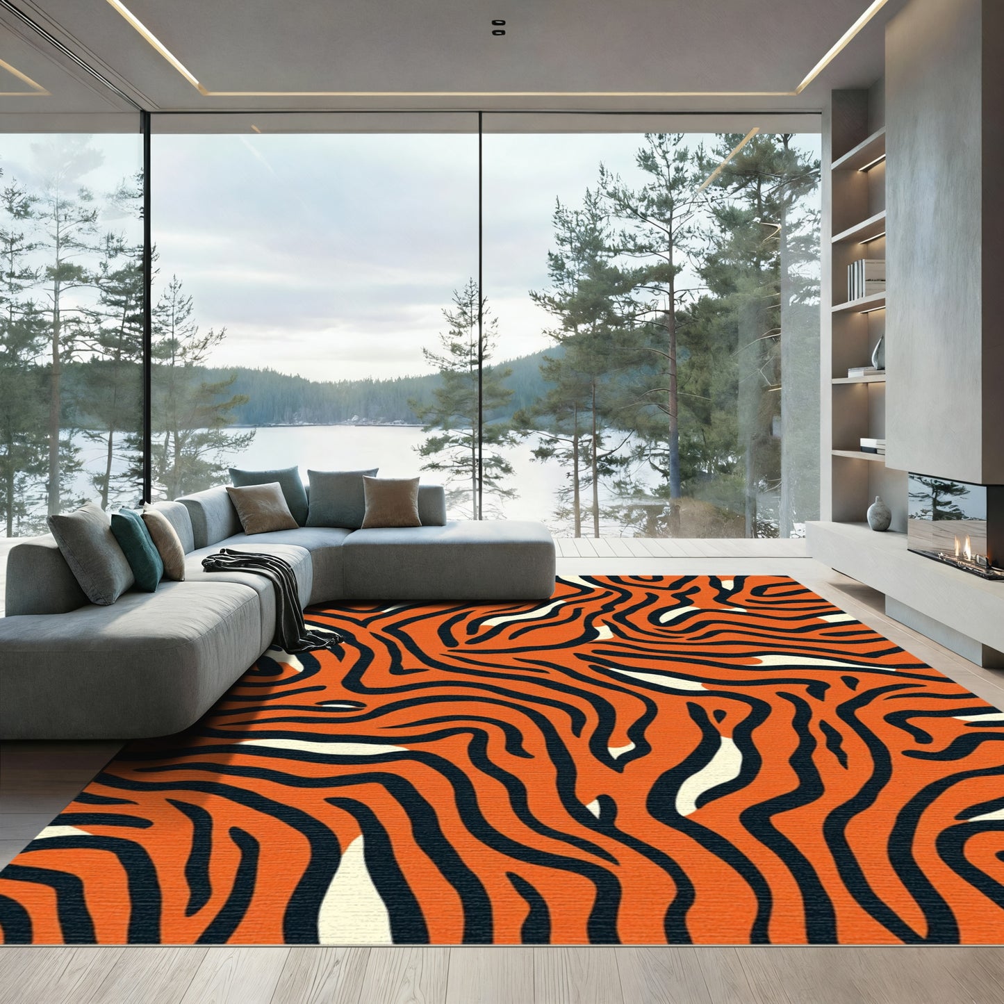 Vibrant Orange Black Zebra Waves Rug