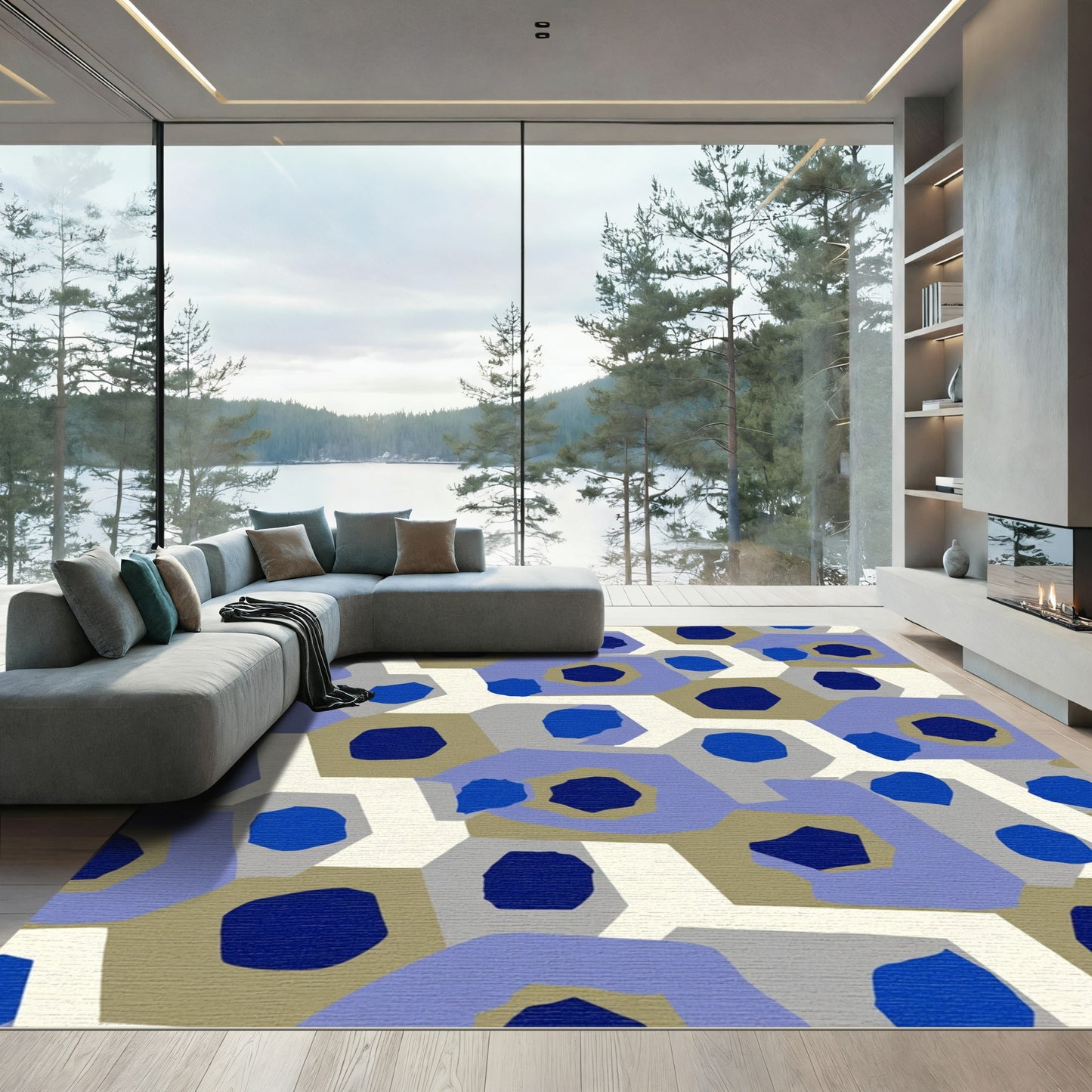 Abstract Cobalt Hexagon Mosaic Rug