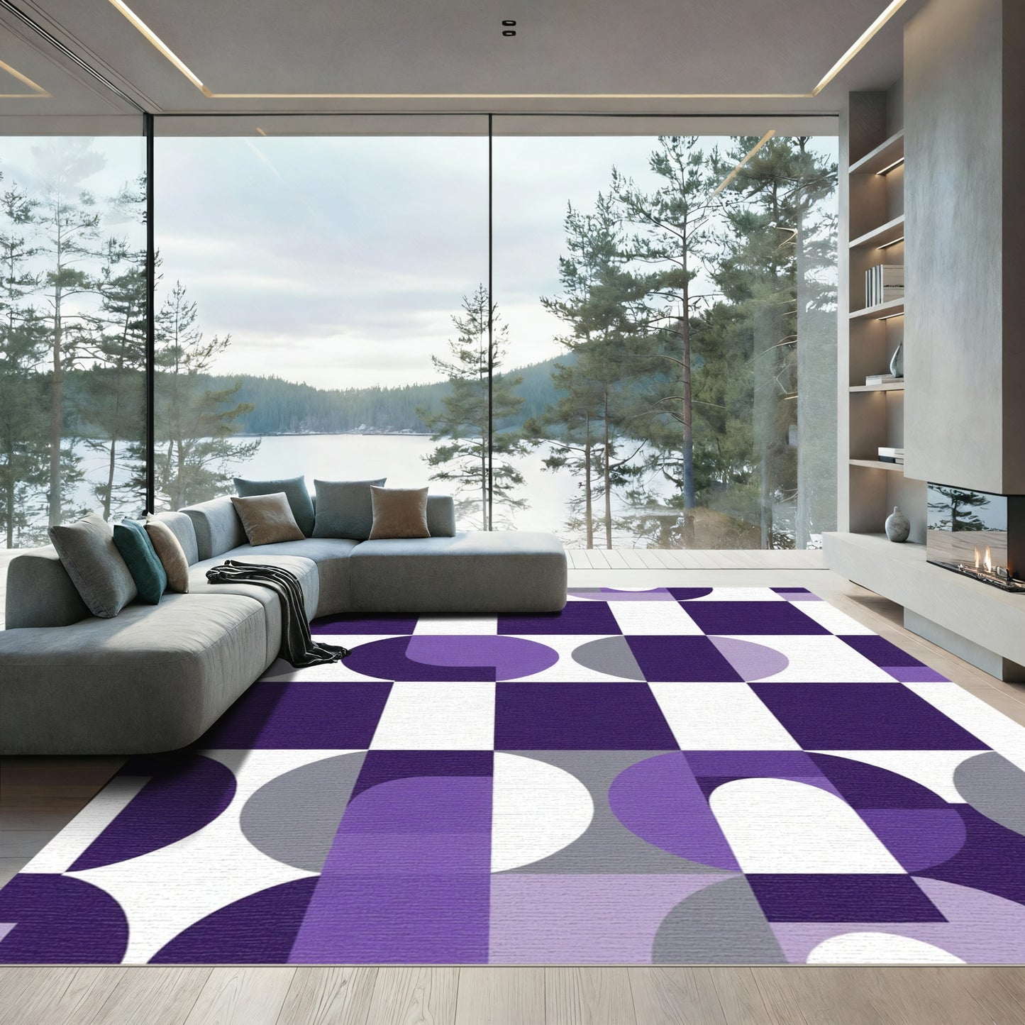 Modern Purple Geometric Squares Circles Rug