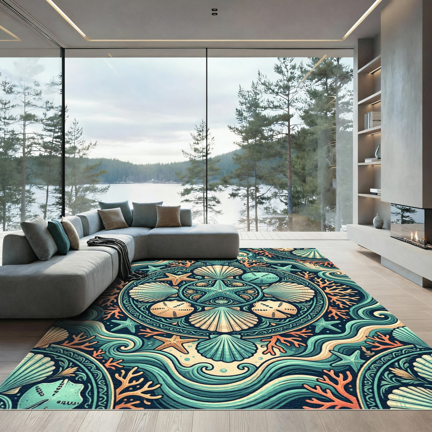 Teal Coral Starfish Shell Mandala Rug