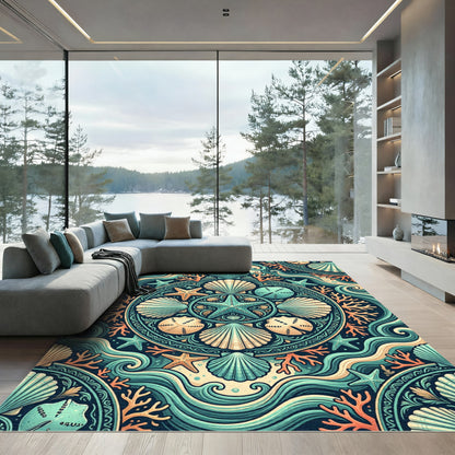 Teal Coral Starfish Shell Mandala Rug
