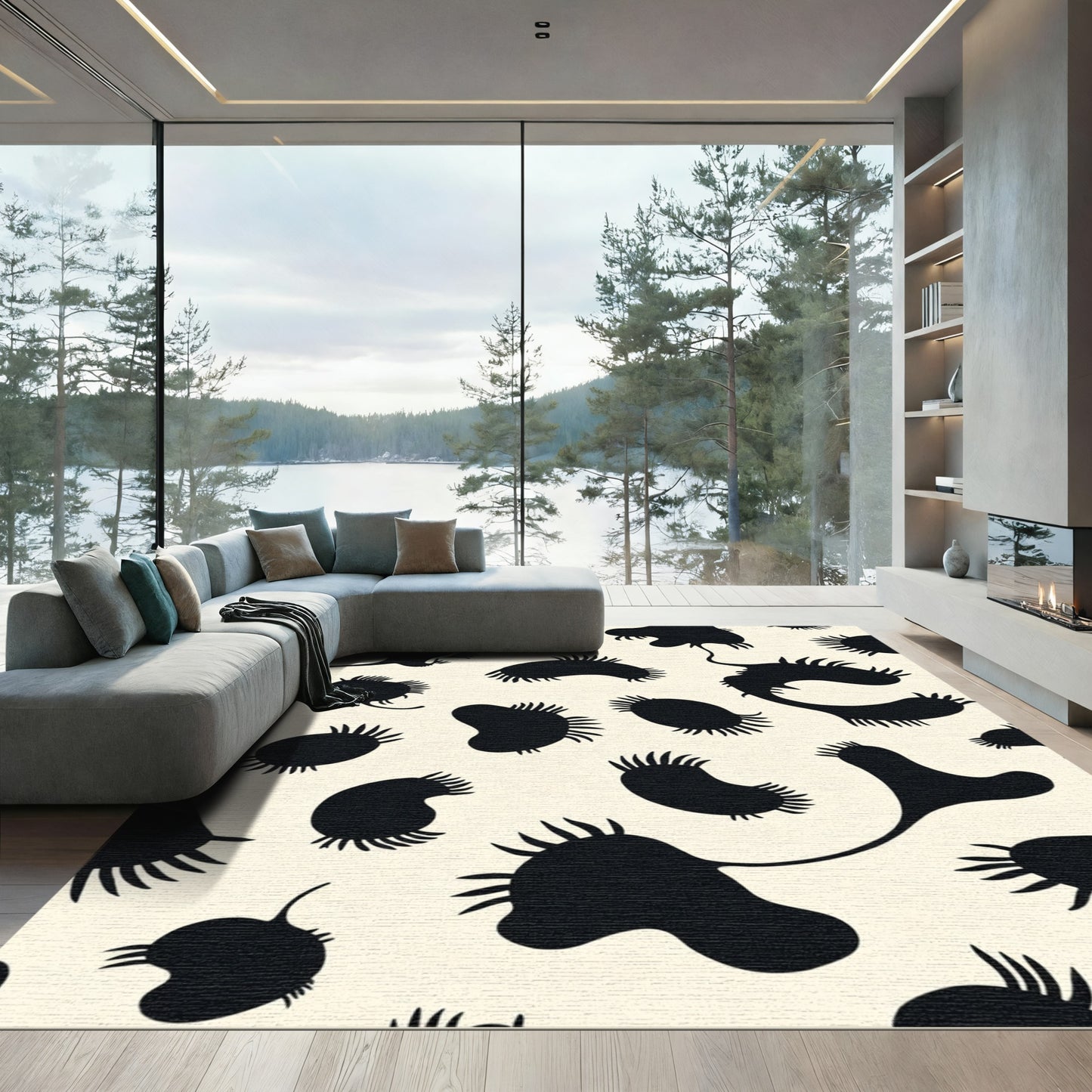Abstract Black Frothy Organic Shapes Rug