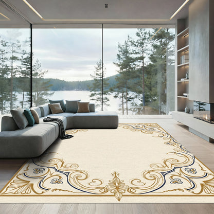Golden Navy Swirl Floral Frame Rug
