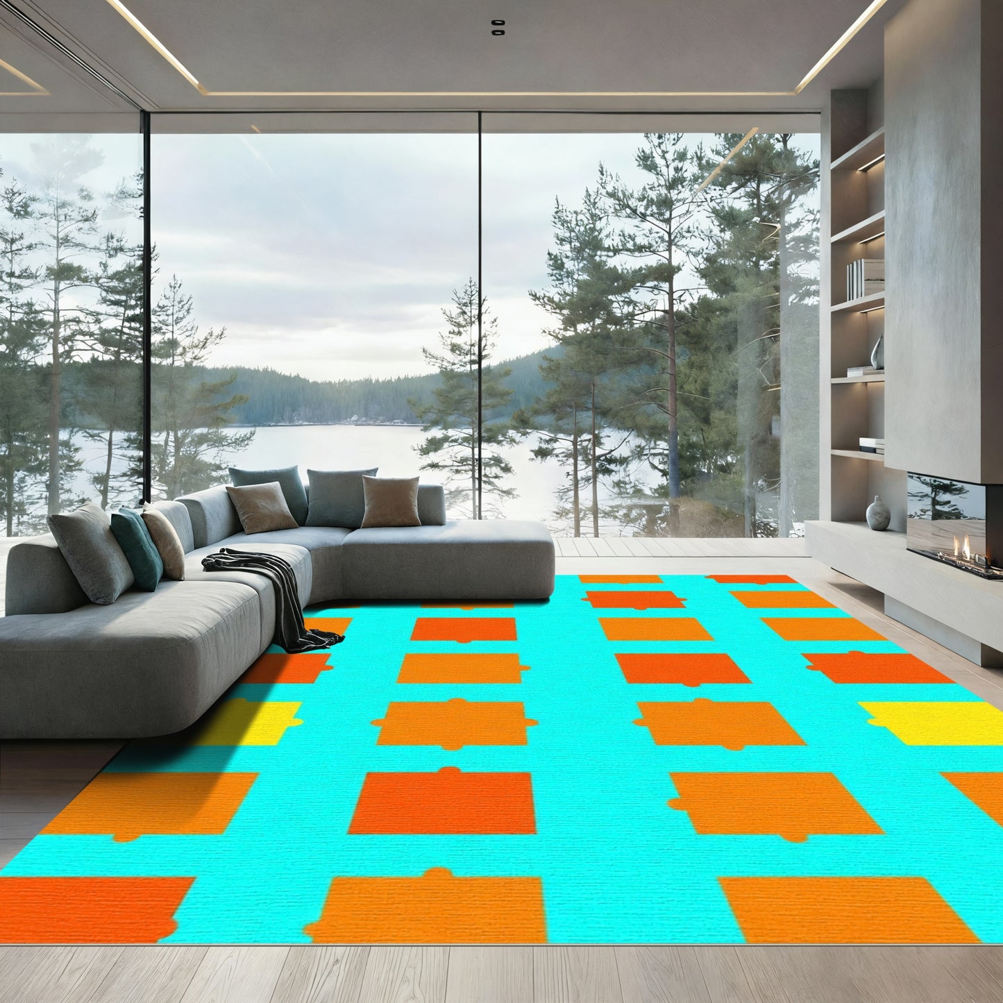 Abstract Orange Yellow Grid Rug