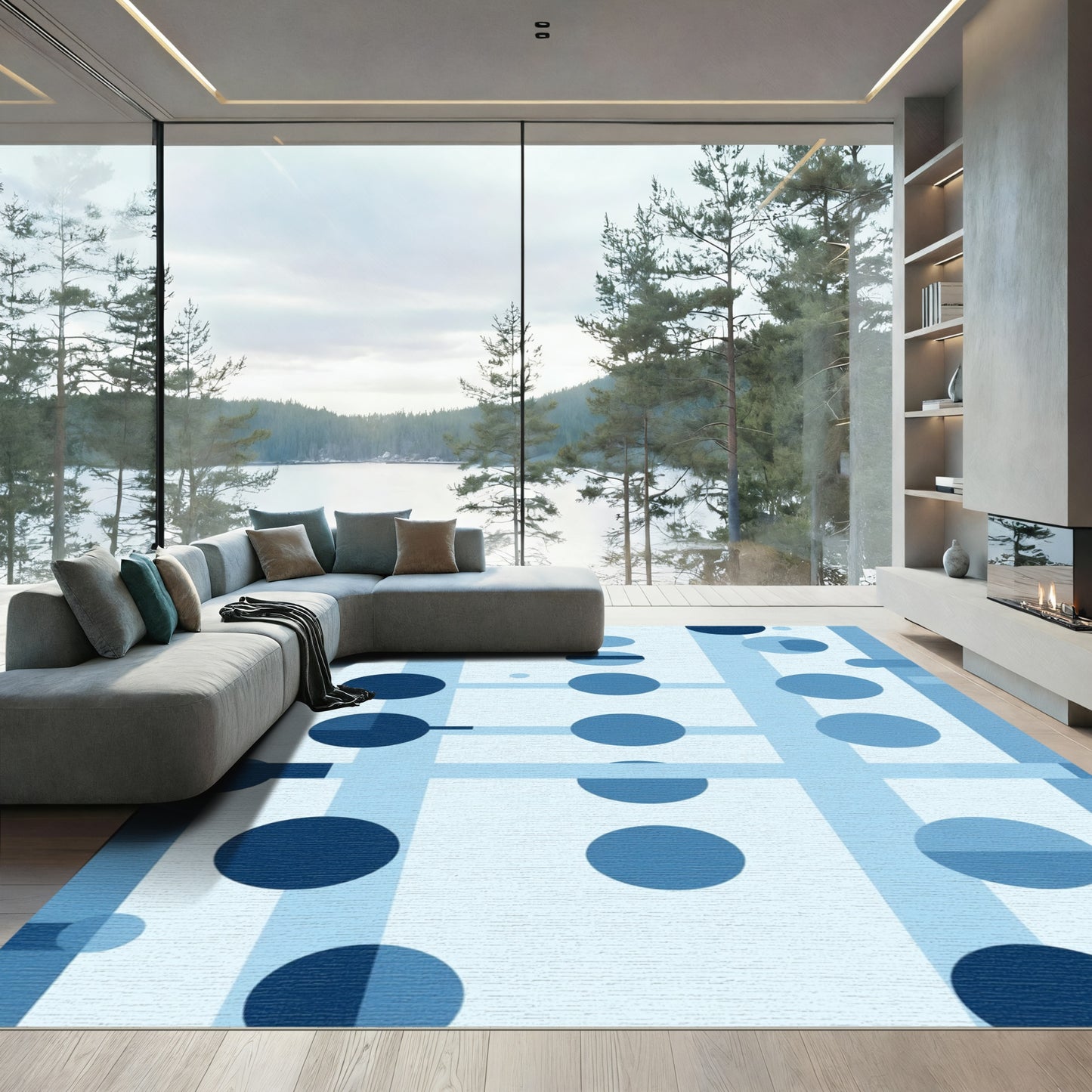 Navy Blue Circles Vertical Bands Rug