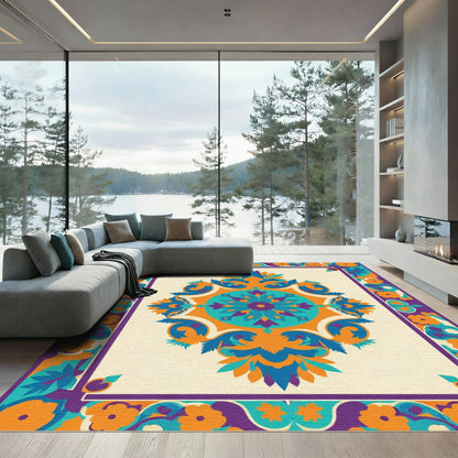 Vibrant floral medallion with purple border Rug
