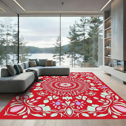 Crimson Floral Medallion Mandala Rug