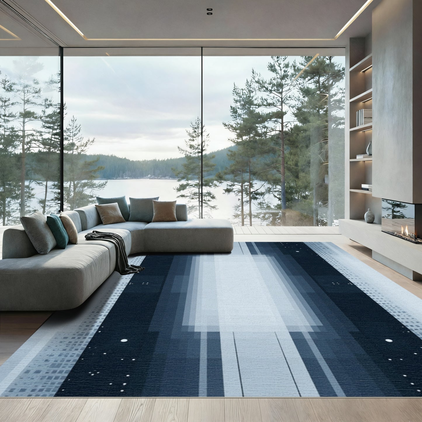 Midnight Blue Geometric Pixelated Columns Rug