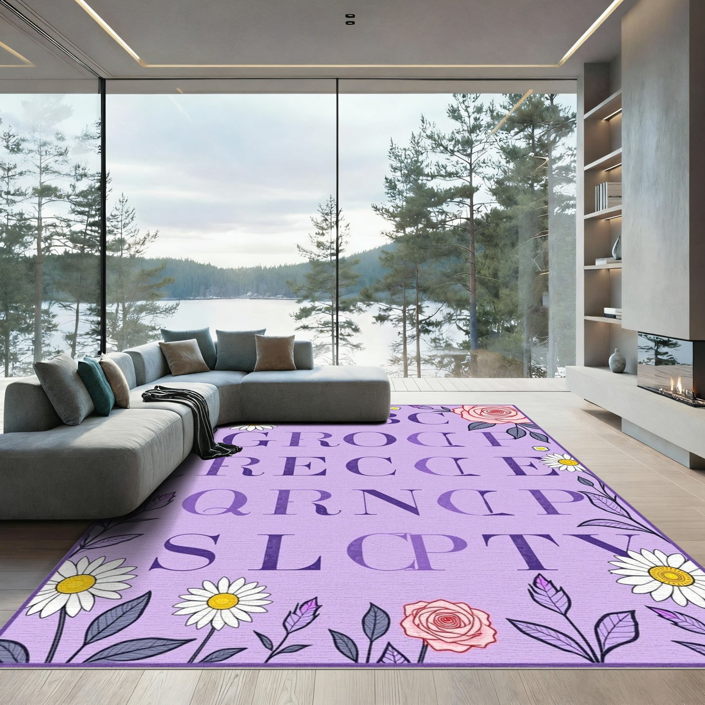 Lavender Floral Alphabet Arrangement Rug