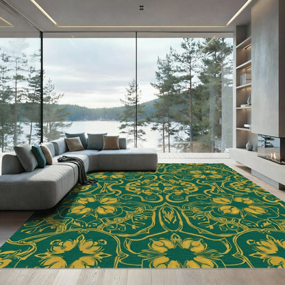 Emerald Gold Baroque Floral Artwork Rug