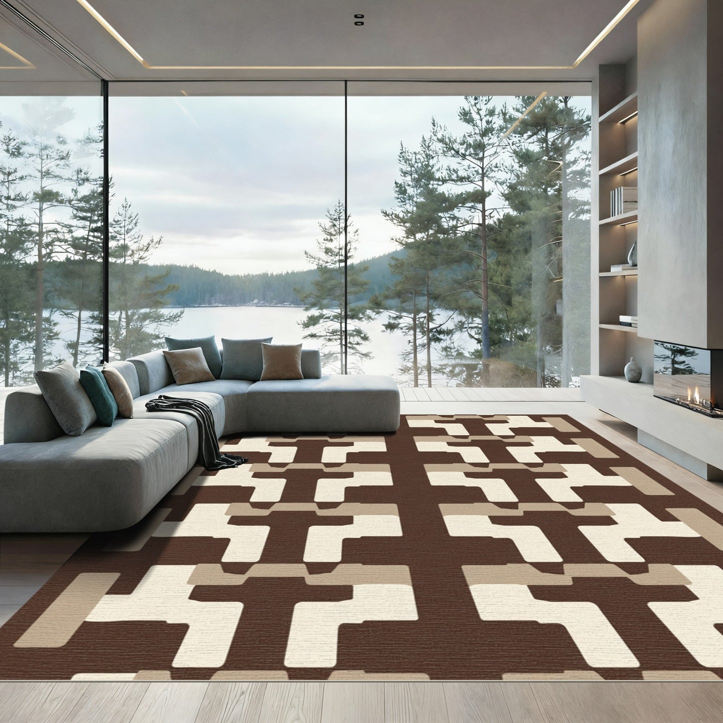 Brown and Cream Geometric Links Rug