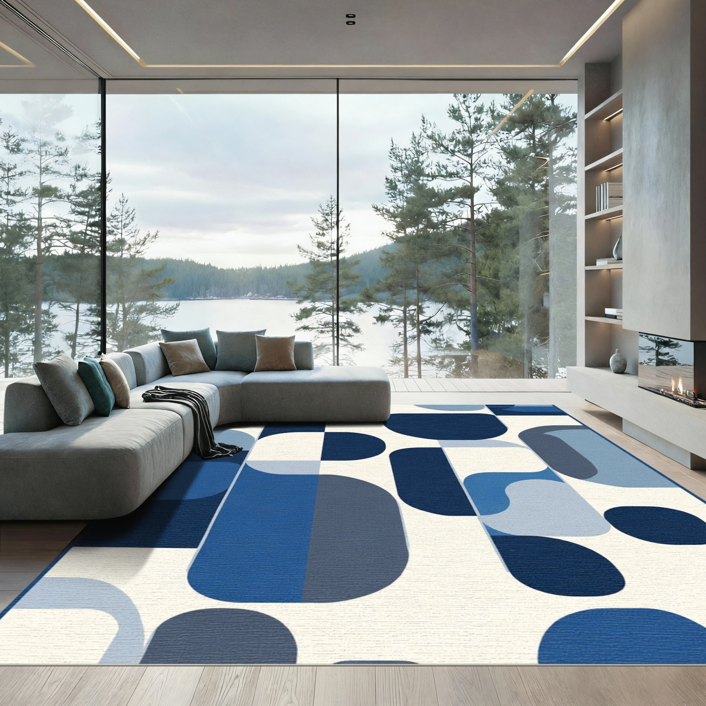 Modern Indigo Rounded Rectangle Cascade Rug