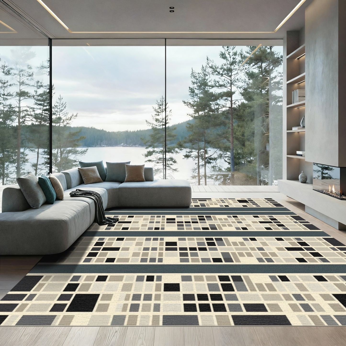 Neutral Tone Pixelated Geometric Lines Rug