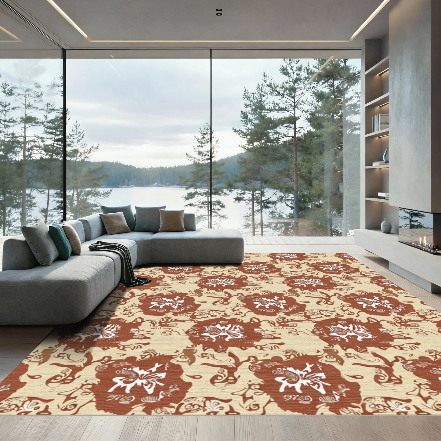 Amber and Ochre Abstract Floral Swirls Rug