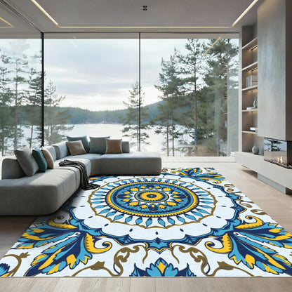Vibrant Blue Yellow Medallion Floral Rug