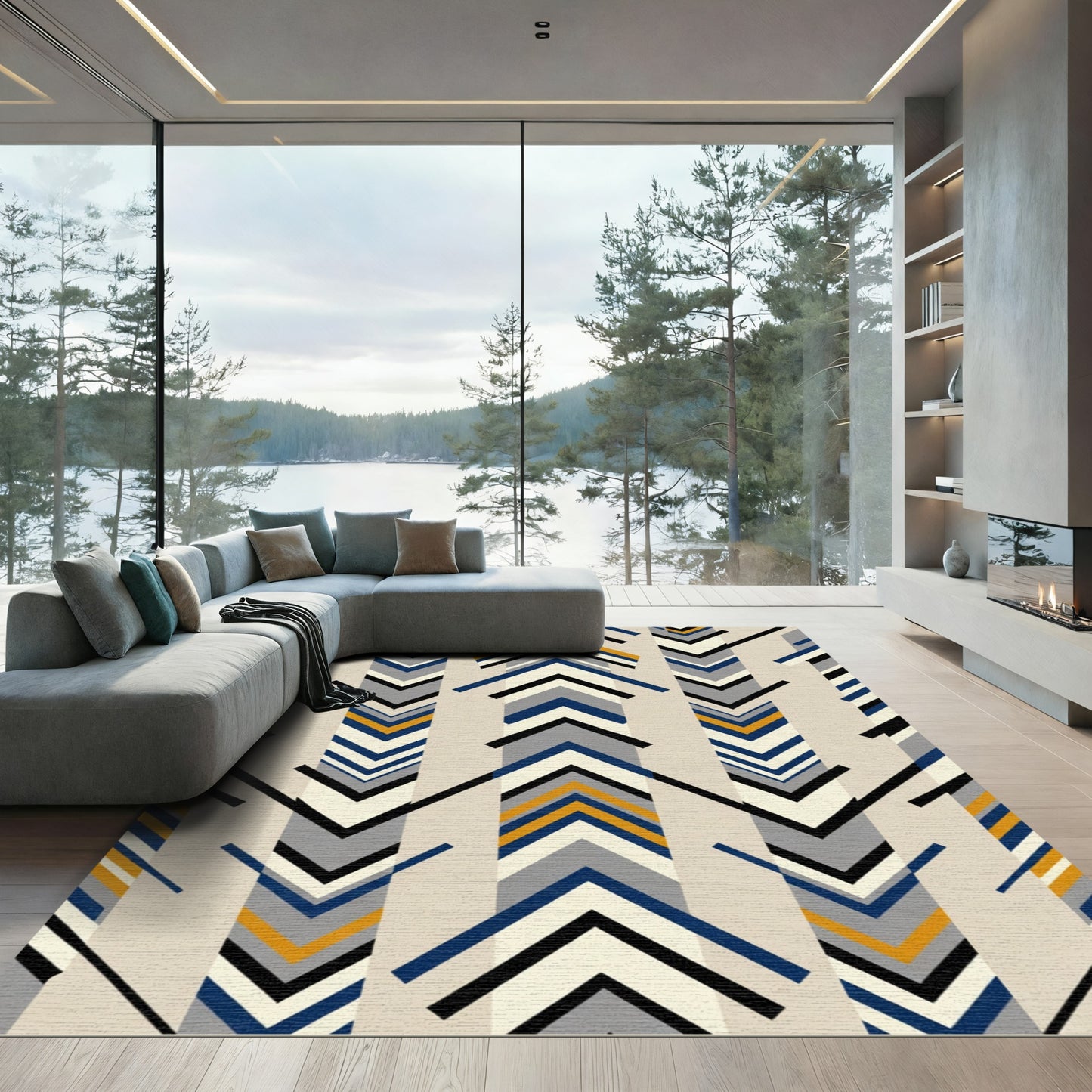 Modern Blue Gold Chevron Stripes Rug