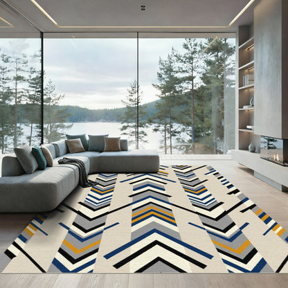Modern Blue Gold Chevron Stripes Rug