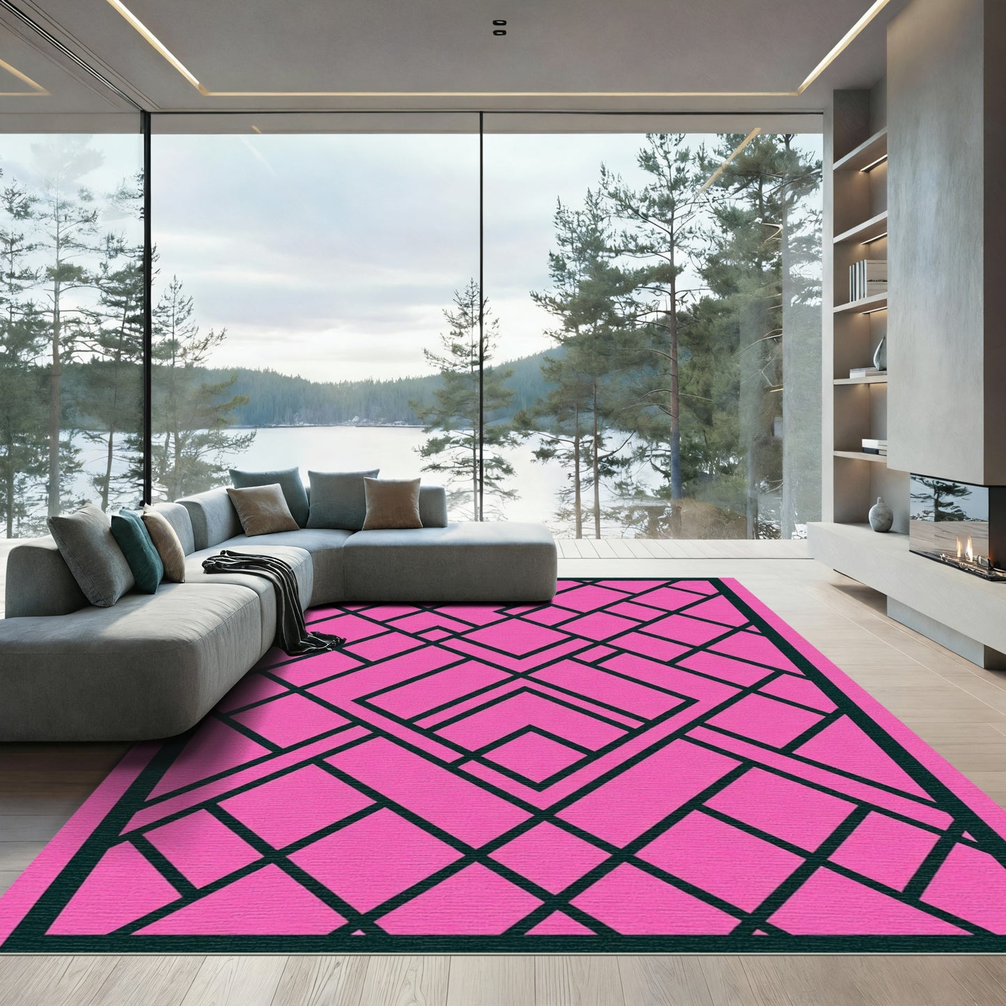 Pink Black Geometric Art Deco Lines Rug
