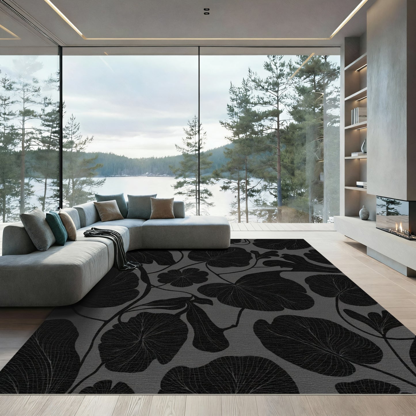 Dark Gray Botanical Leaf Outline Rug