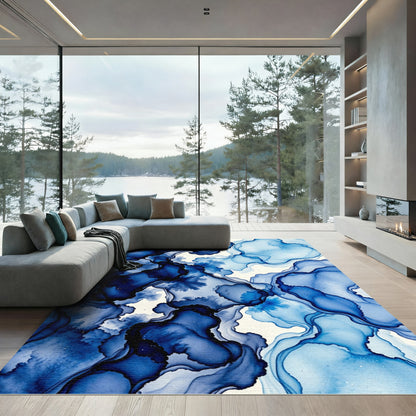 Deep Blue Fluid Alcohol Ink Marble Rug