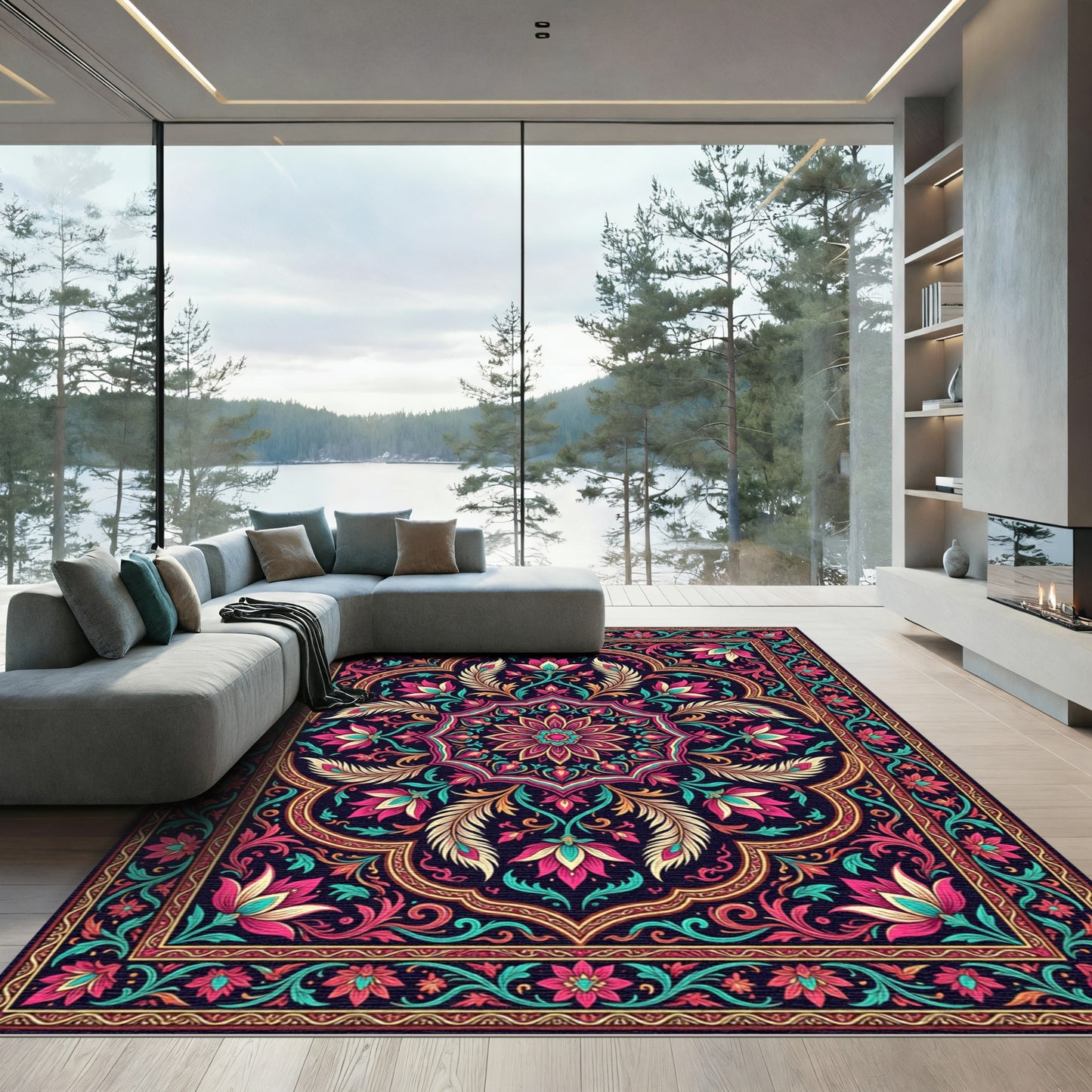 Vibrant Pink Teal Floral Medallion Rug