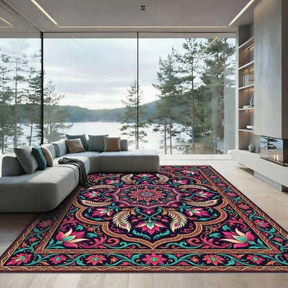 Vibrant Pink Teal Floral Medallion Rug
