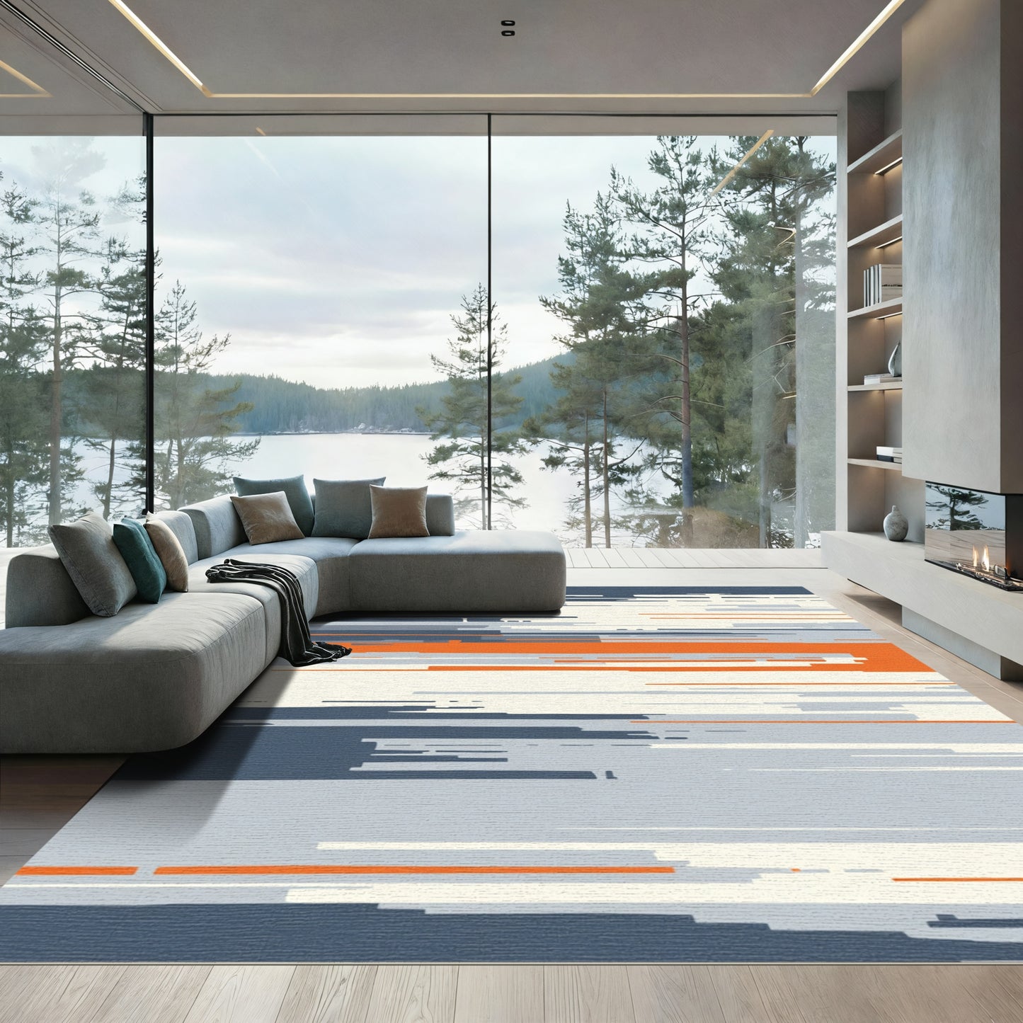 Modern Abstract Orange Blue Stripe Rug