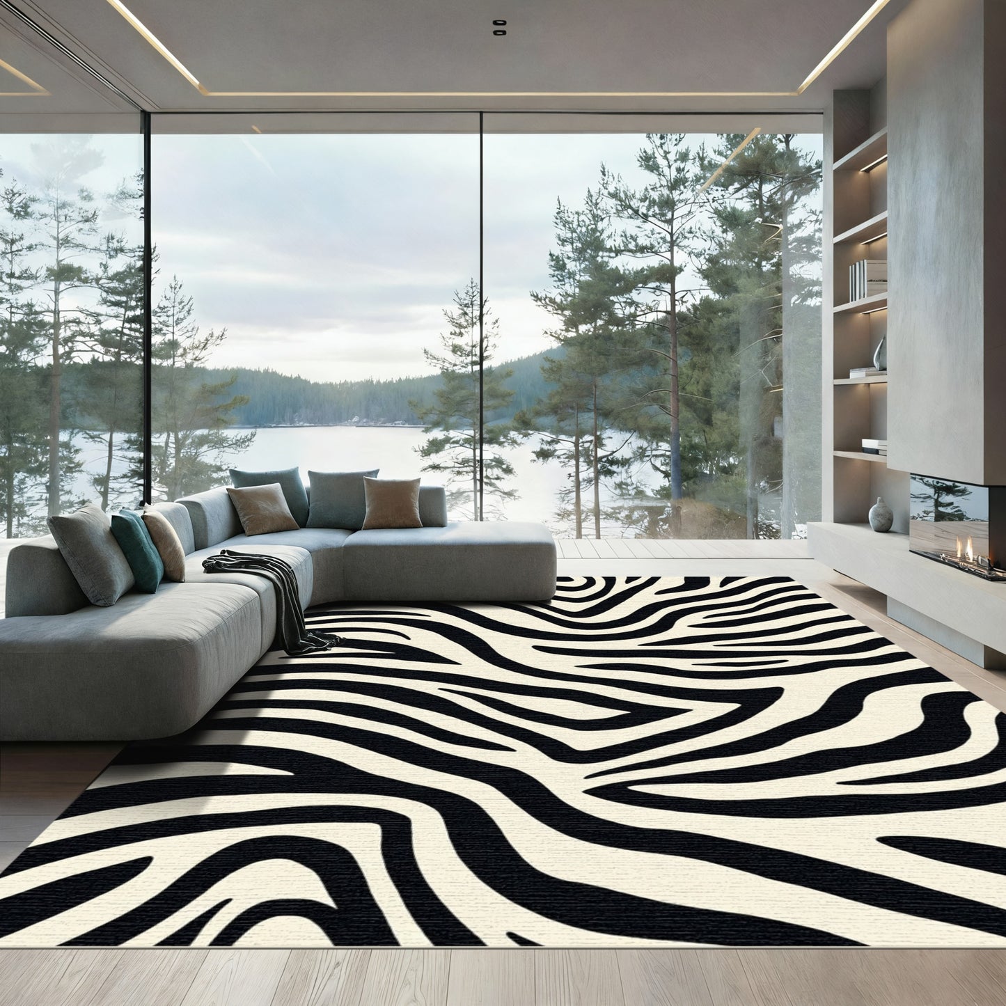 Bold Black Swirl Cream Stripes Rug