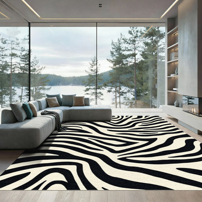 Bold Black Swirl Cream Stripes Rug