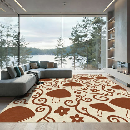 Whimsical Brown Mushroom Floral Swirls Rug
