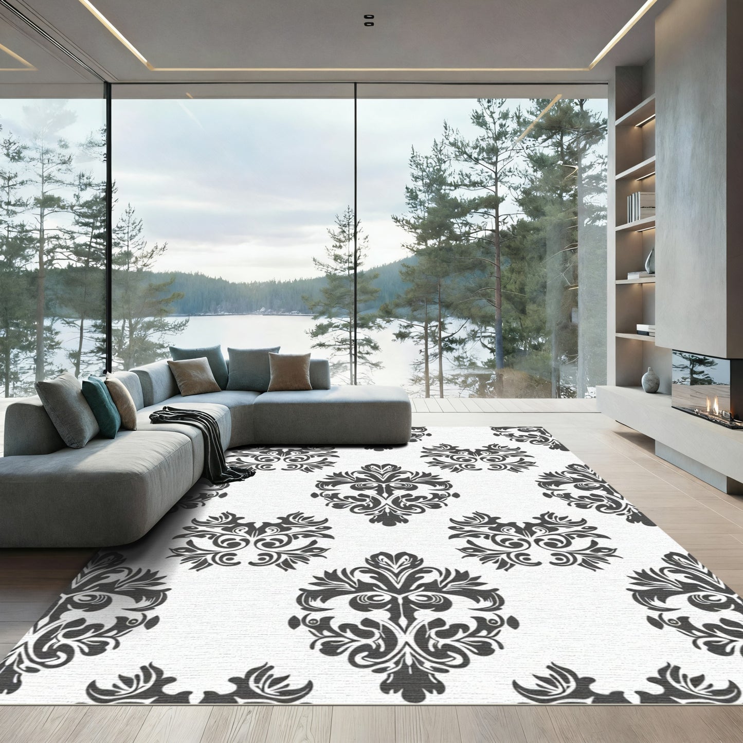 Black Floral Damask Scroll Rug