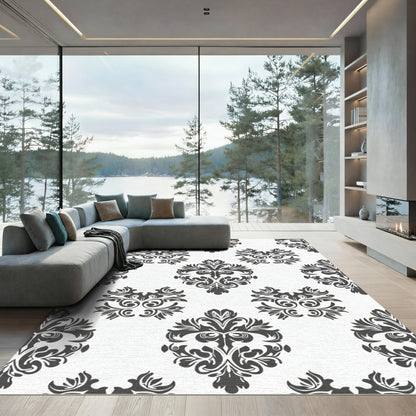 Black Floral Damask Scroll Rug