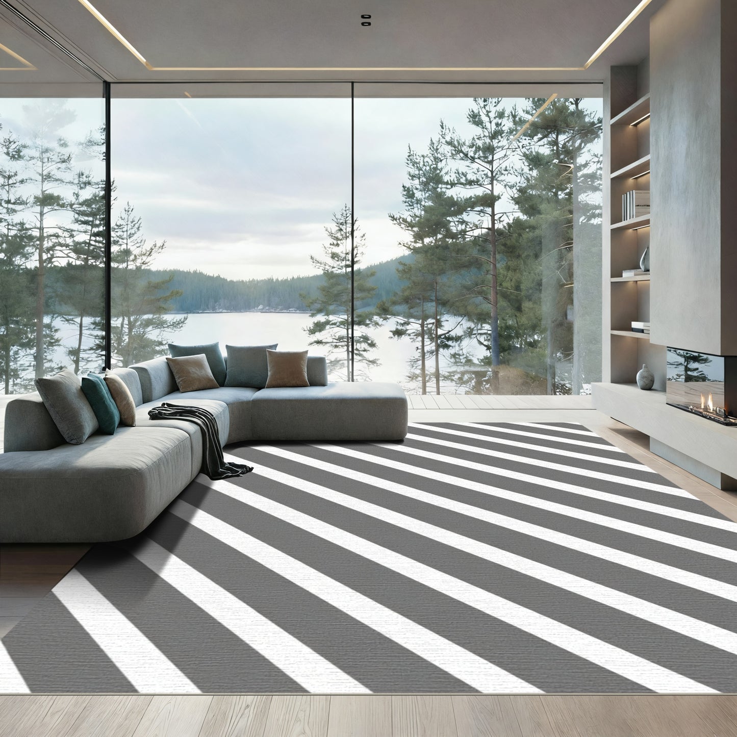 Modern Gray White Diagonal Stripes Rug