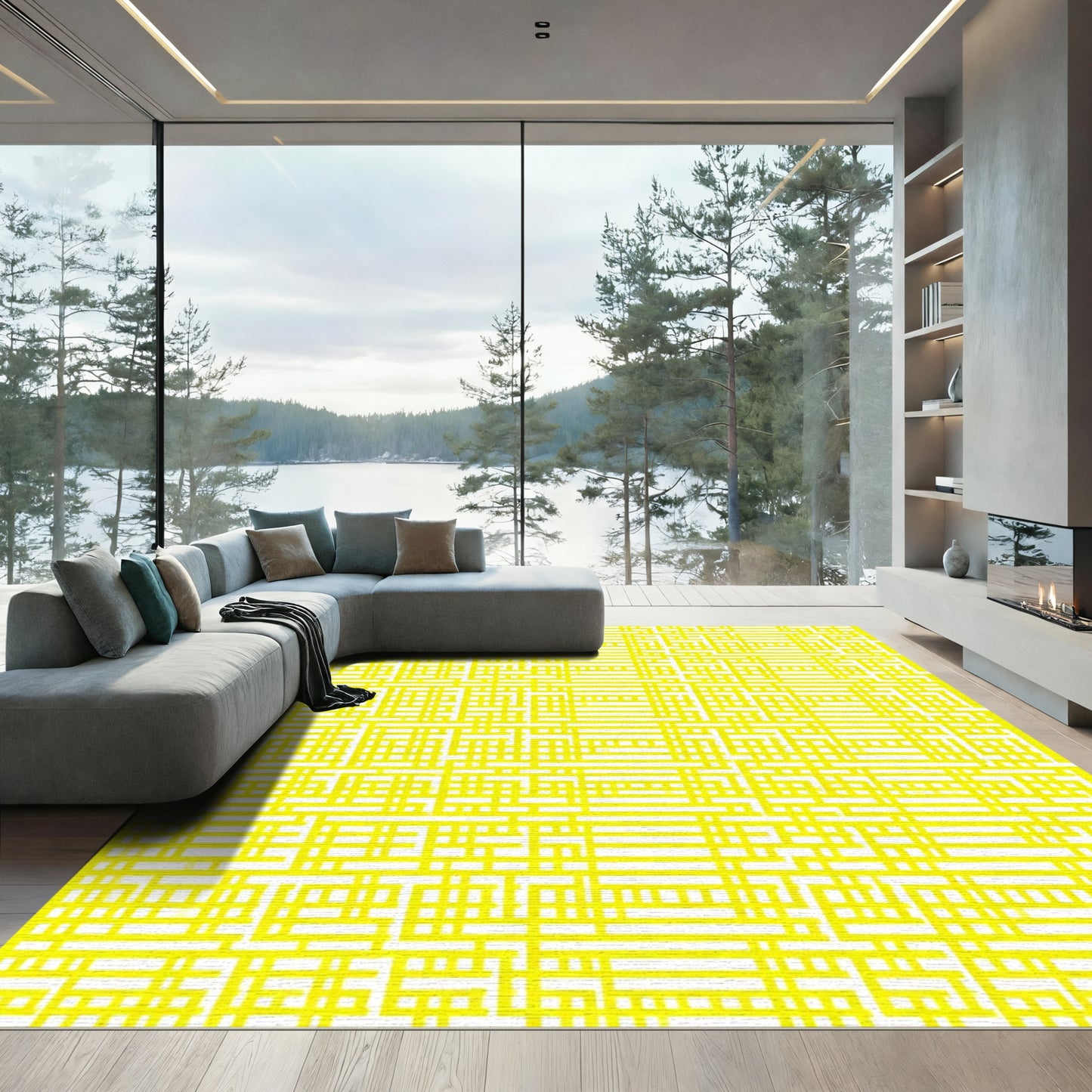 Bright Yellow Interlocking Cube Geometry Rug